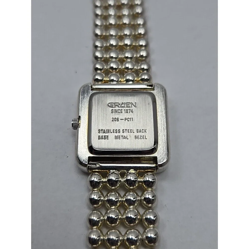 Gruen Womens Square Black Dial Quartz Watch Silver Bead Bracelet New Battery